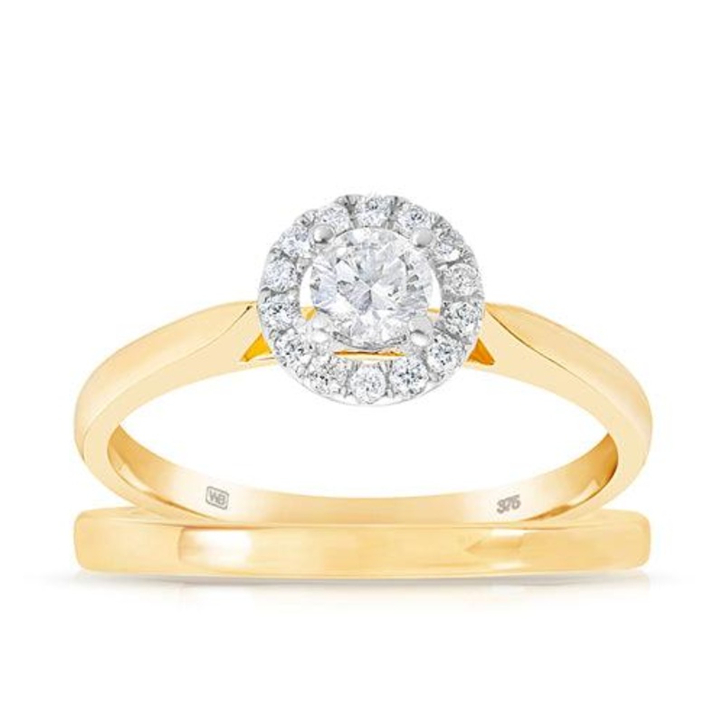 0.30ct TW Round Brilliant Cut Diamond Halo Engagement & Wedding Bridal Set in 9ct Yellow Gold