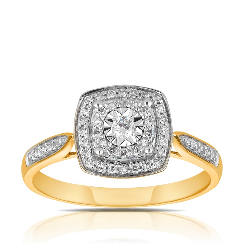 0.25ct TW Diamond Double Halo Engagement Ring in 9ct Yellow and White Gold