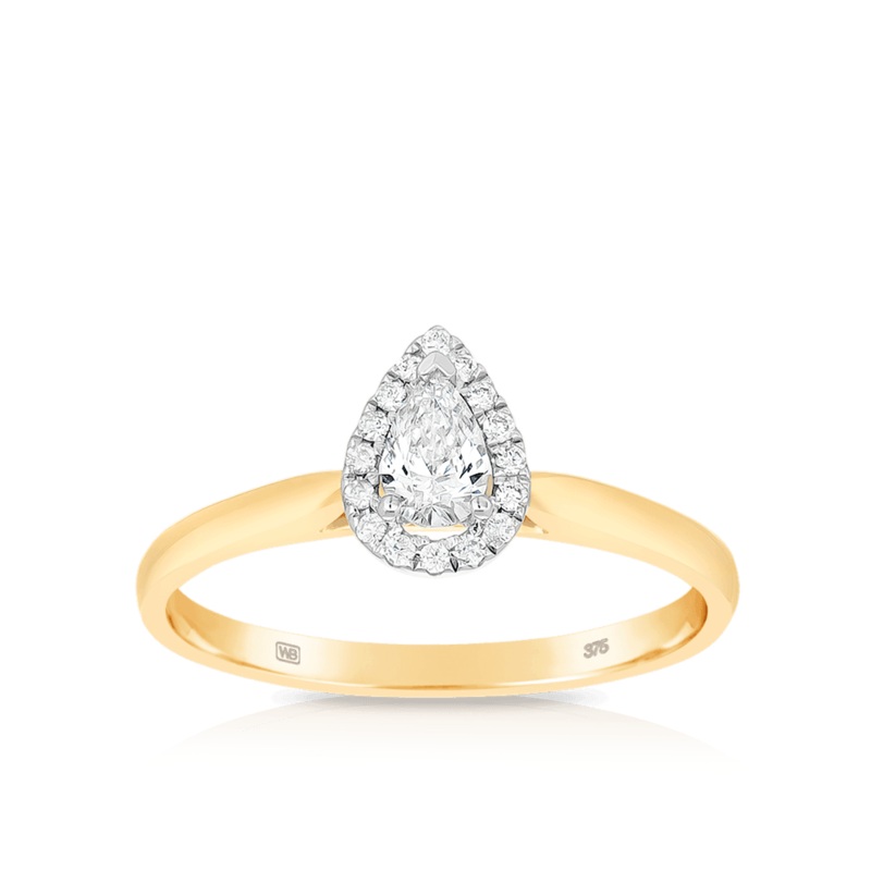 0.33ct TW Pear Cut Diamond Halo Engagement Ring in 9ct Yellow Gold